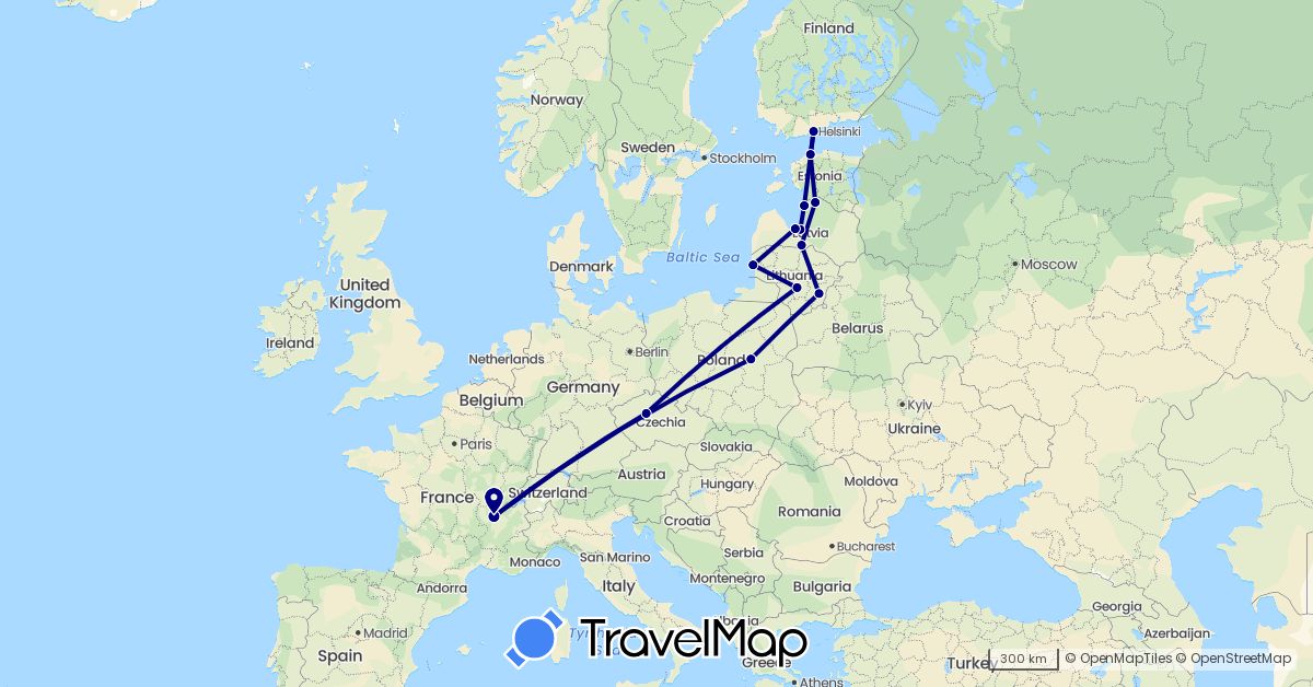 TravelMap itinerary: driving in Czech Republic, Estonia, Finland, France, Lithuania, Latvia, Poland (Europe)